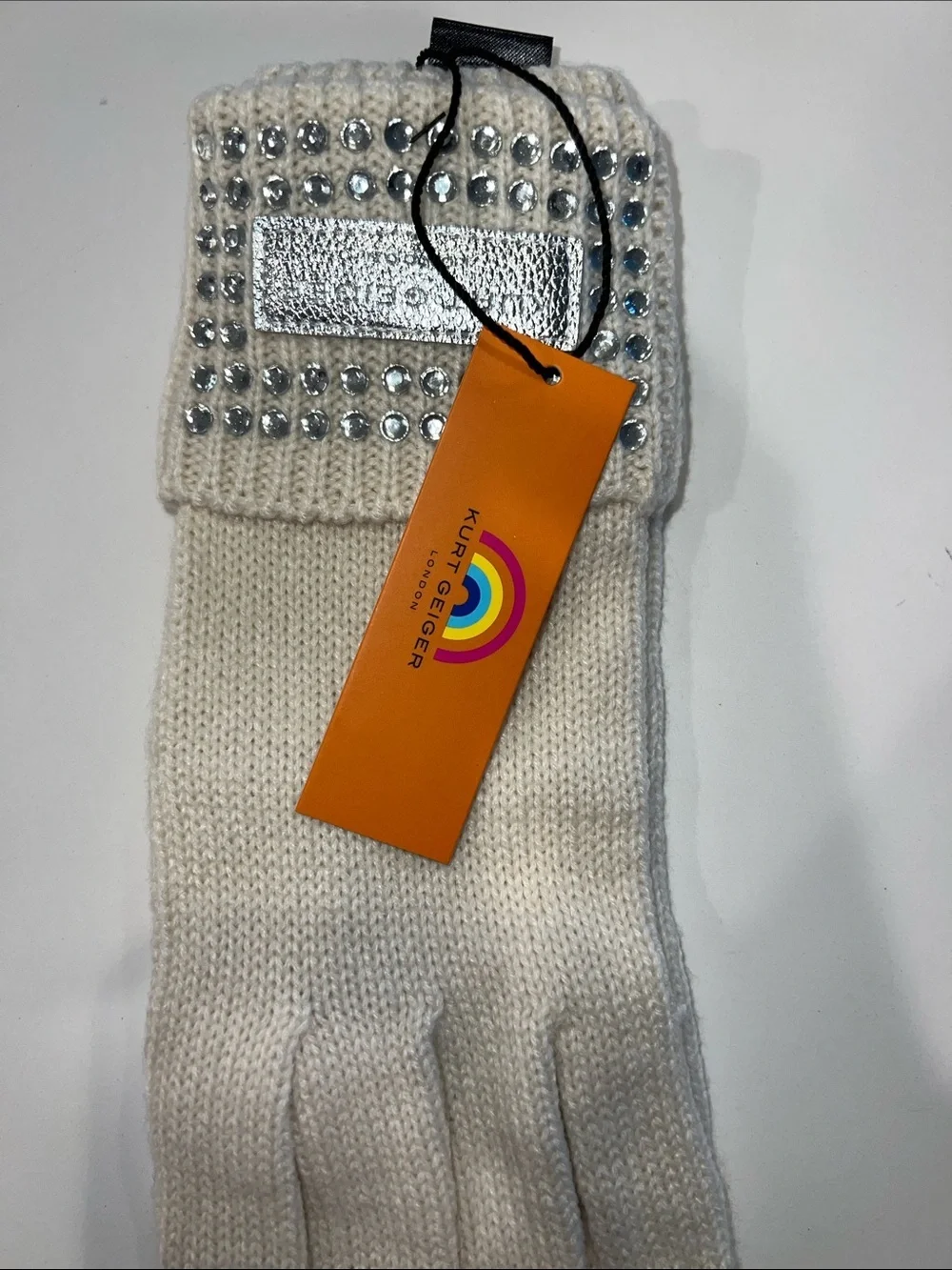 Kurt Geiger London Crystal Cuff Gloves Bone Embellished Knit Winter NWT